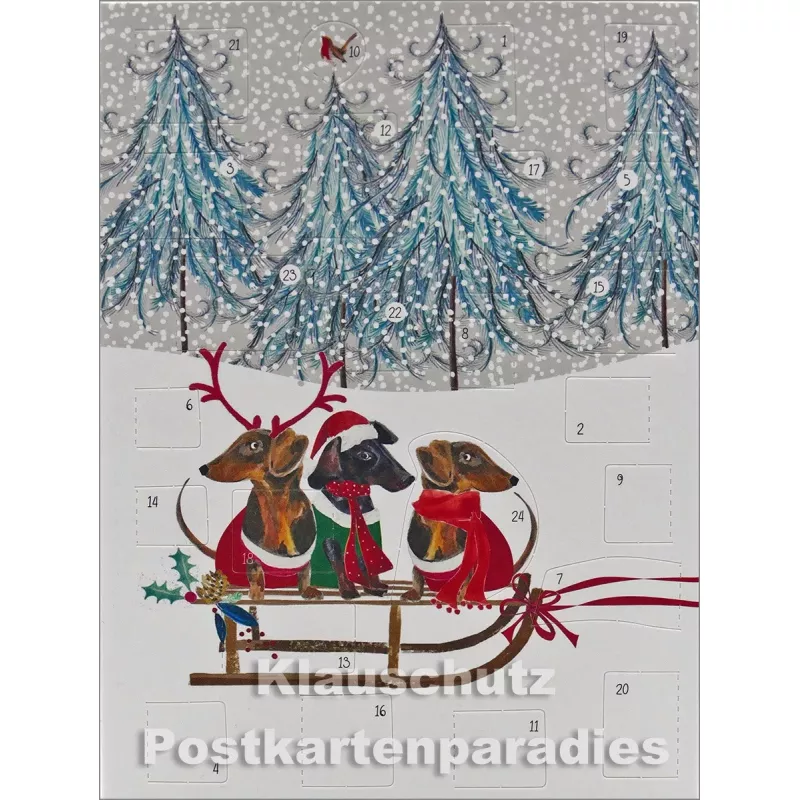 Doppelkarte Weihnachten von Discordia - Adventskalender - Dackel Schlitten
