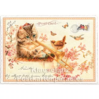 Nostalgische Postkarte mit Katzen aus der Edition Tausendschön - Katze mit Posaune