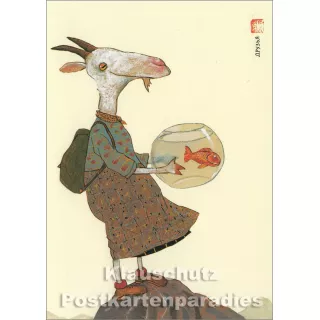 Ziege mit Fisch | Postkarte von Wolf Erlbruch aus dem Peter-Hammer-Verlag