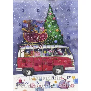 Taurus Postkarten Adventskalender | Doppelkarte mit Klapptürchen - Weihnachtlicher Bulli