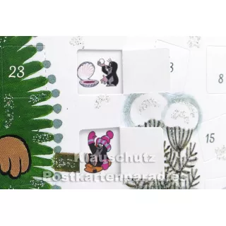 Korsch Adventskalender Doppelkarte  | Der kleine Maulwurf mit Tanne | mit geöffneten Türchen