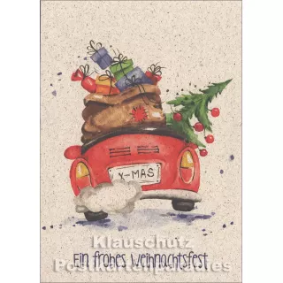Graspapier Weihnachtskarte von Taurus mit rotem Auto -  Ein frohes Weihnachtsfest