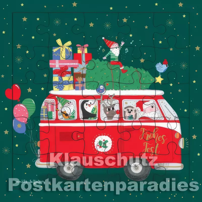 ActeTre Puzzlecard - Weihnachtsbus mit Weihnachtsmann, Elfen, Tieren und Geschenken