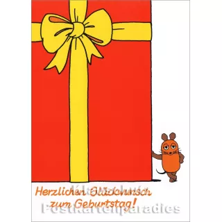 Postkarte | Die Maus (vom WDR) mit großem roterm Geburtstagsgeschenk