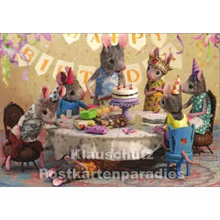 Familie Maus feiert Geburtstag - Kinder Postkarte von Bizarr