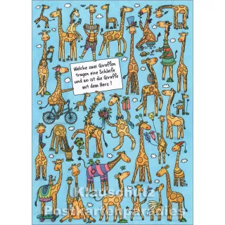 Wimmelbild Postkarte von SkoKo | Welche zwei Giraffen tragen eine Schleife?