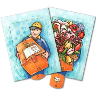 Lebende Postkarte - Paketbote / Blumen