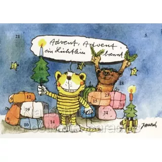 Janosch Adventskalender als Doppelkarte mit Bär und Tiger