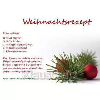 Weihnachtsrezept - Man nehme: 2 Teile Humor, 3 Teile Liebe, 1 Teelöffel Optimismus ... Postkarte Weihnachten