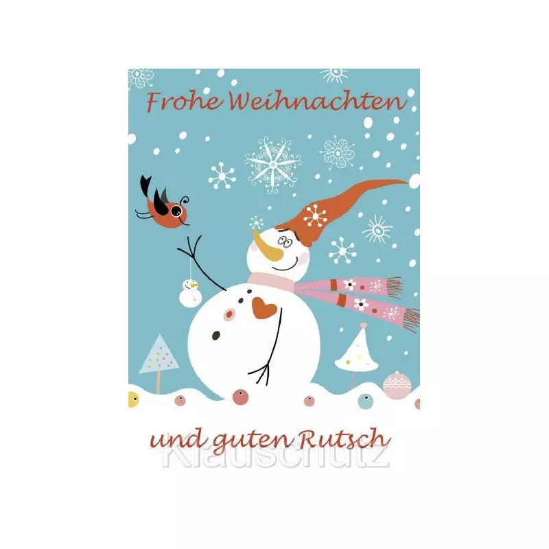 Frohe Weihnachten und guten Rutsch. Schneemann mit Vogel Comic Postkarte vom Postkartenparadies