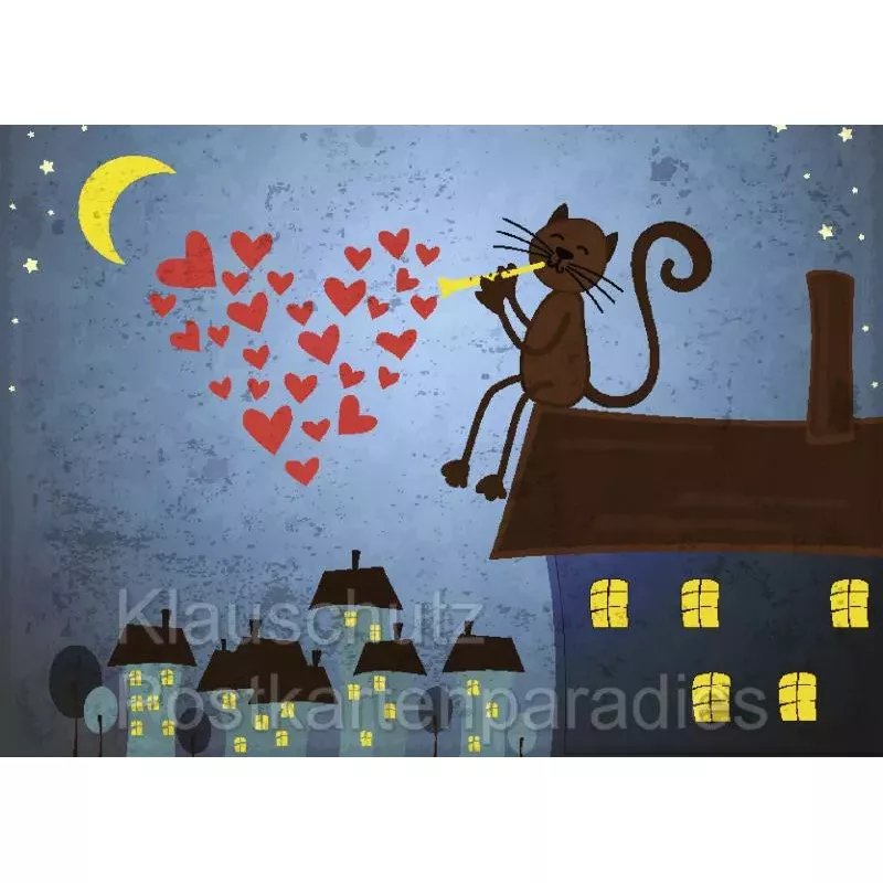 Postkartenparadies Grafik Postkarte: Katze sitzt bei Mondschein auf Hausdach