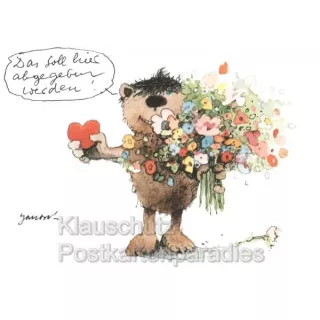 Janosch Postkarten - Bär mit Blumen und Herz