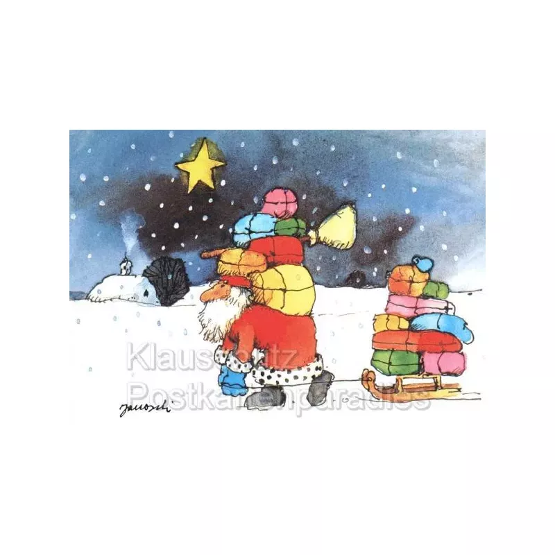 Janosch Weihnachtskarte mit dem Weihnachtsmann und vielen Geschenken