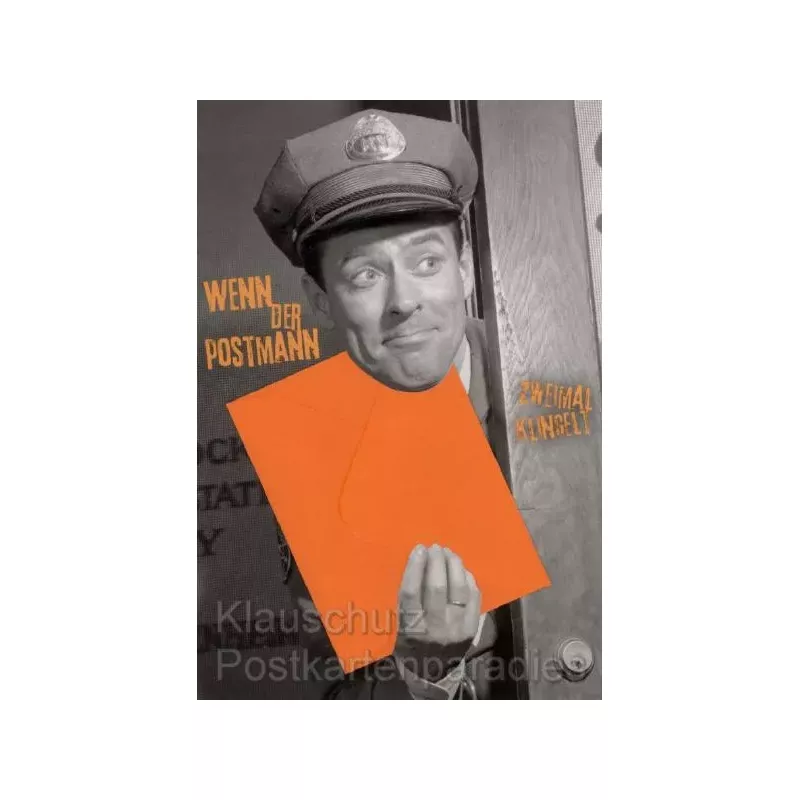 Lustige Doppelkarte zum Geburtstag - Wenn der Postmann zweimal klingelt - mit kleinem integrierten orangenem Umschlag.