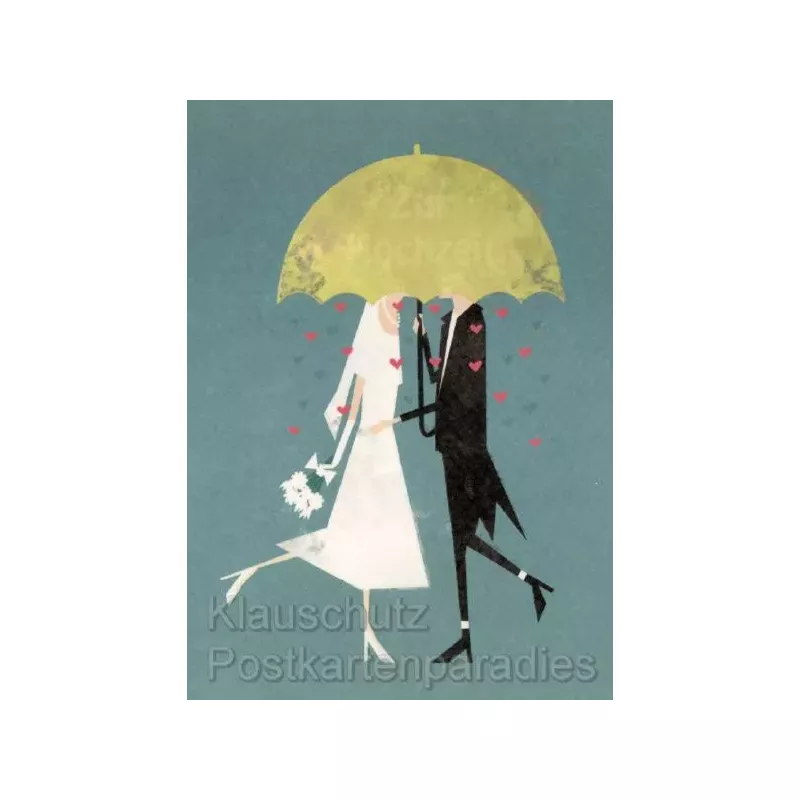 Stilvolle Doppelkarte zur Hochzeit mit Paar unterm Regenschirm