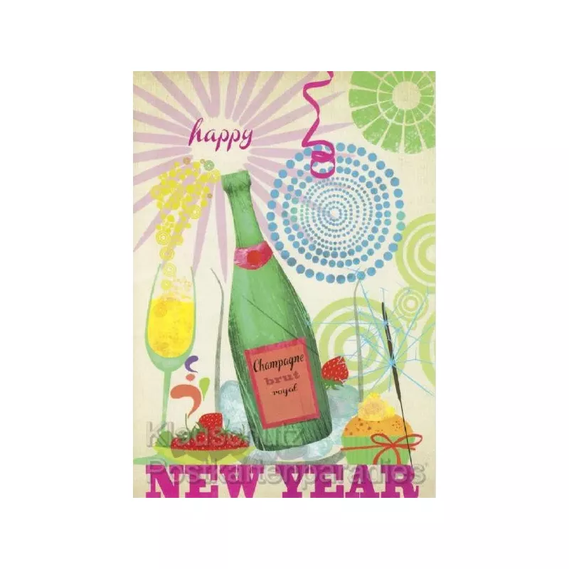 Happy New Year Postkarte Champagnerflasche und Neujahrsgrüße