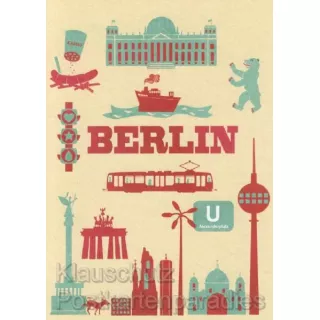 Berlin Icons - Postkarte mit partieller Glanzlackierung Berliner Bär, Schloß, Wannsee, Brandenburger Tor, Alexanderplatz.