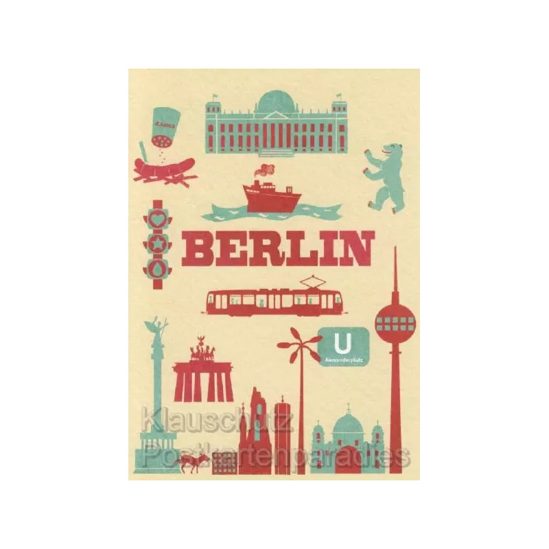 Berlin Icons - Postkarte mit partieller Glanzlackierung Berliner Bär, Schloß, Wannsee, Brandenburger Tor, Alexanderplatz.