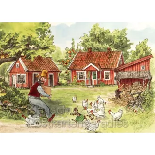 Pettersson und Findus Postkarte | Auf dem Bauernhof mit Hühnern
