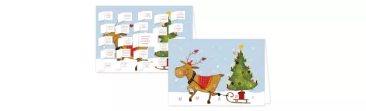 Postkarte Advent Kalender Rentier - mit der Geschichte von Rudolf dem Rentier - mit aufgeklappten Türchen.