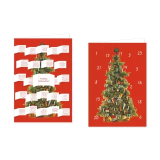 Adventskalender Doppelkarte mit der Geschichte des Weihnachtsbaums  - mit aufgeklappten Türchen.