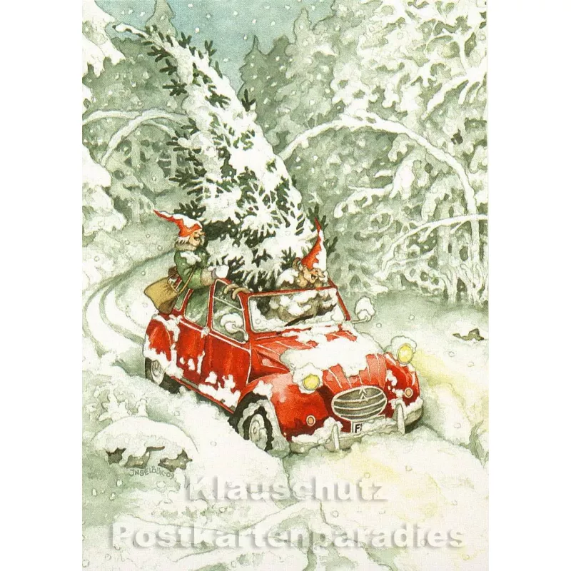 Weihnachtsbaum Kauf im roten Auto | Inge Löök Weihnachtskarte