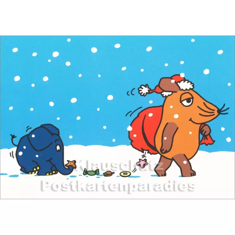 Maus und Elefant bringen Weihnachtsgeschenke | Postkarte