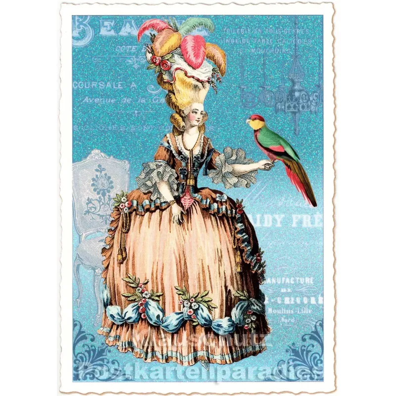 Retro Glitterkarte - Dame mit Papagei