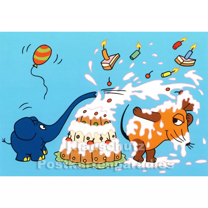 Maus und Elefant mit Torte | Geburtstagskarte
