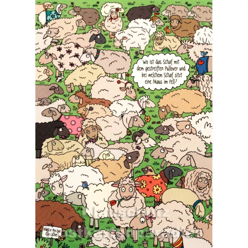 Wimmelbild Postkarte - Schaf mit Pullover