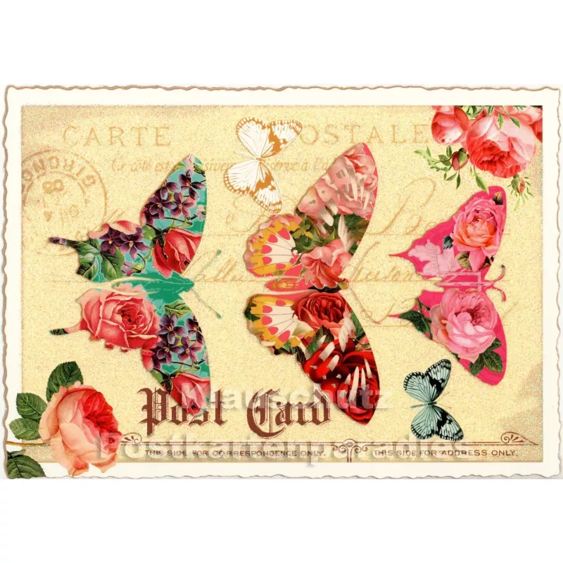 Retro Glitterkarte - Schmetterlinge und Rosen