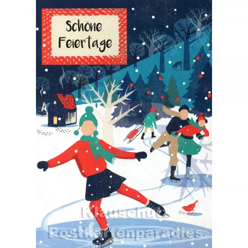 Doppelkarte Weihnachten - Schlittschuhe laufen in Winterlandschaft