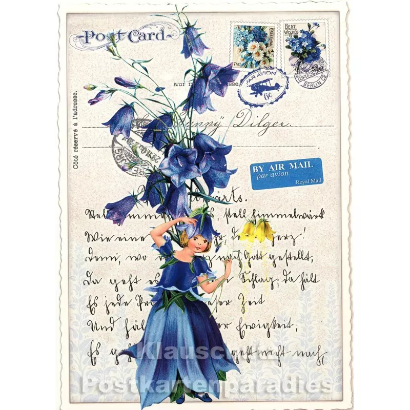 Retro Glitterkarte / Postkarte von ActeTre - Blaue Blumen