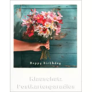 Taurus Polacard Postkarte zum Geburtstag  mit Blumenstrauß - Happy Birthday