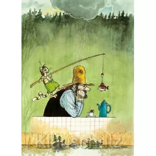 Postkarte Pettersson und Findus im Regen