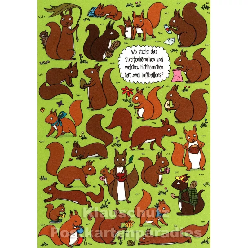 SkoKo Wimmelbild Postkarte - Wo steckt das Streifenhörnchen und welches Eichhörnchen hat zwei Luftballons?