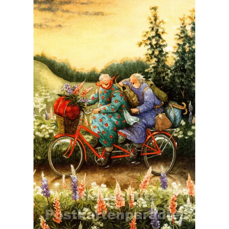 Taurus Postkarte von Inge Löök - Alte Frauen fahren Tandem
