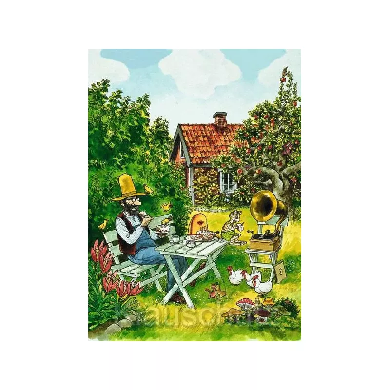 Pettersson und Findus essen Kuchen im Garten - Postkarte