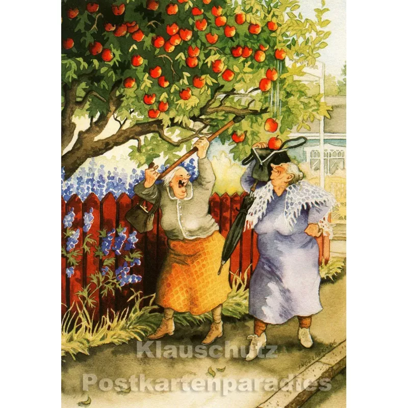 Alte Frauen klauen Äpfel - Taurus Postkarte von Inge Löök