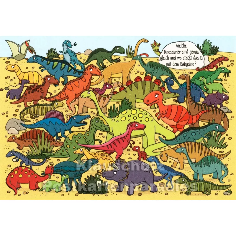 Lustige Wimmelbild Postkarte von SkoKo | Welche Dinosaurier sind genau gleich?