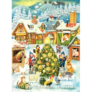 Nostalgie Adventskalender Doppelkarte - Kinder und Weihnachtsbaum