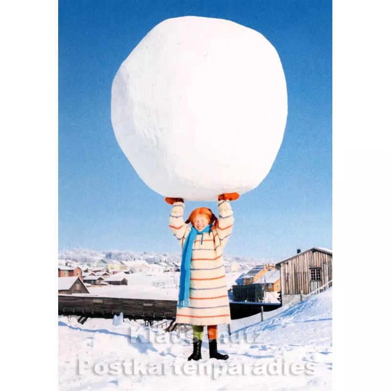 Kinder Postkarte Winter | Pippi Langstrumpf mit riesigem Schneeball