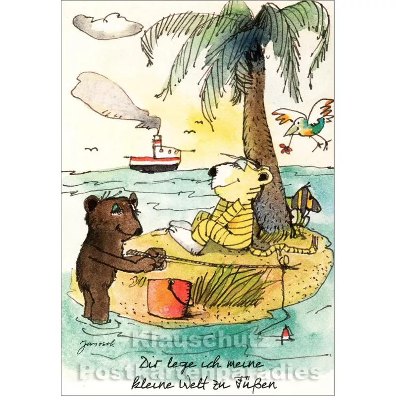 Janosch Postkarte mit Bär und Tiger - Dir lege ich meine kleine Welt zu Füßen.