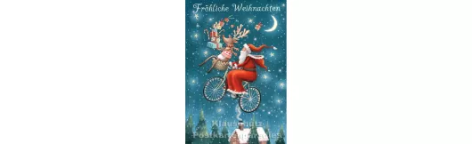 Weihnachtskarte | Weihnachtsmann fliegt auf Fahrrad