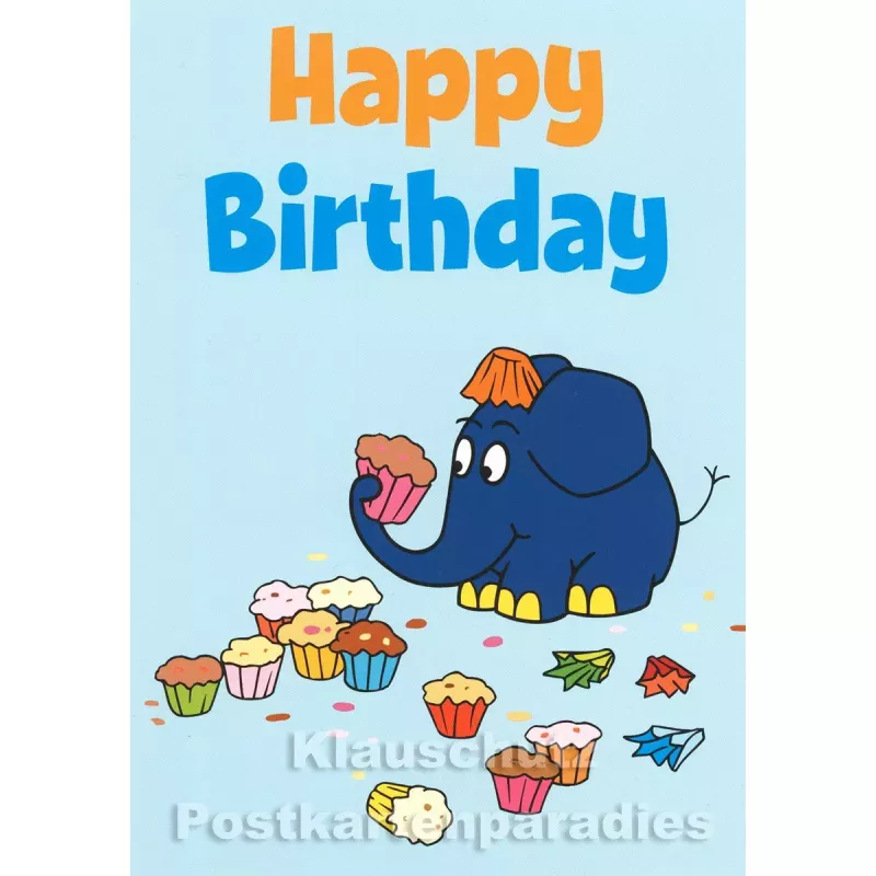 Maus Postkarte Geburtstag | Der Elefant futtert Törtchen - Happy Birthday