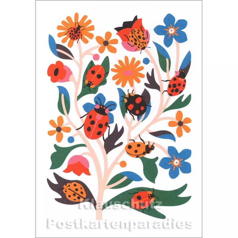 Schöne Doppelkarte von Discordia mit Blumen und Marienkäfern
