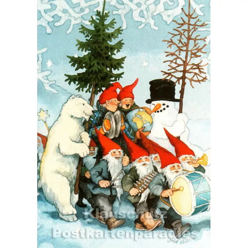 Taurus Weihnachtskarte von Inge Löök aus Finnland: Wichtelorchester mit den alten Frauen