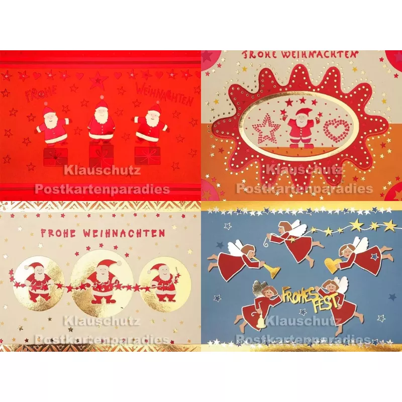 Postkartenpaket mit 4 nostalgischen Weihnachtskarten mit Glanzfolie