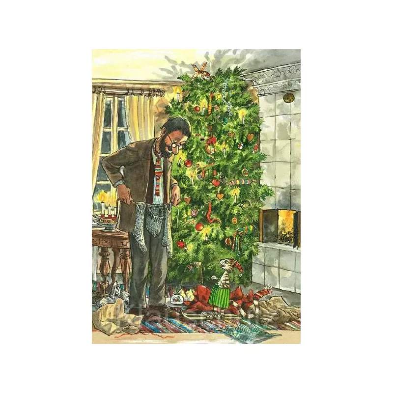 Discordia Weihnachtskarte - Pettersson und Findus feiern Bescherung unterm Weihnachtsbaum.