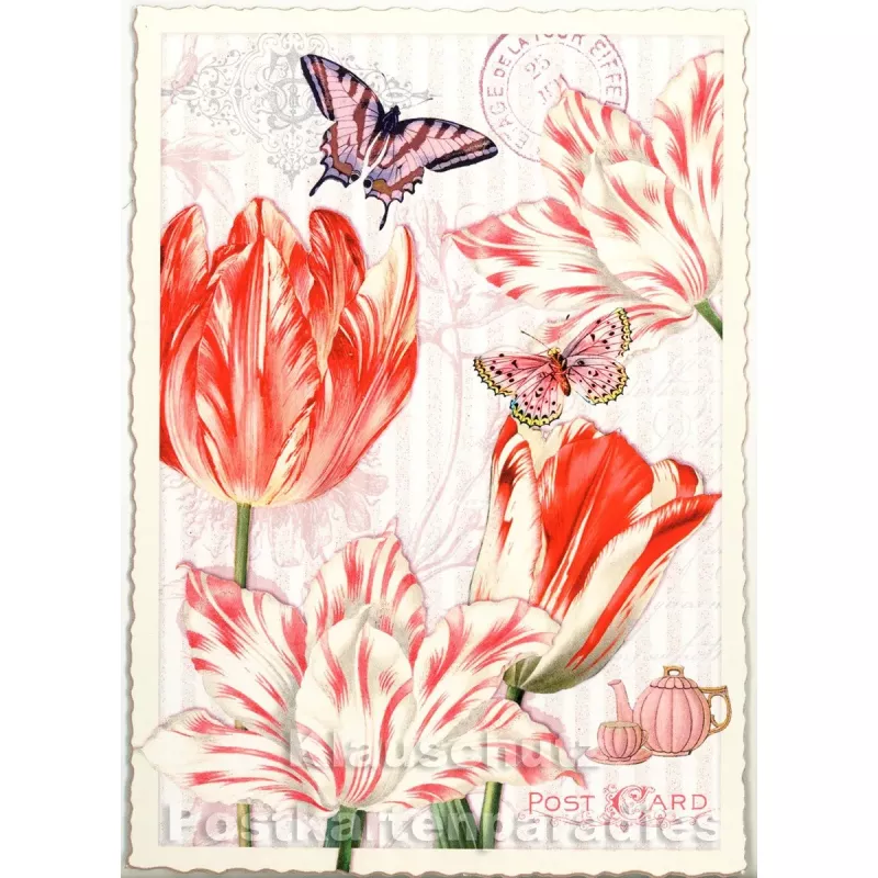 Retro Glitterkarte aus der Edition Tausendschön | Tulpen und Schmetterlinge